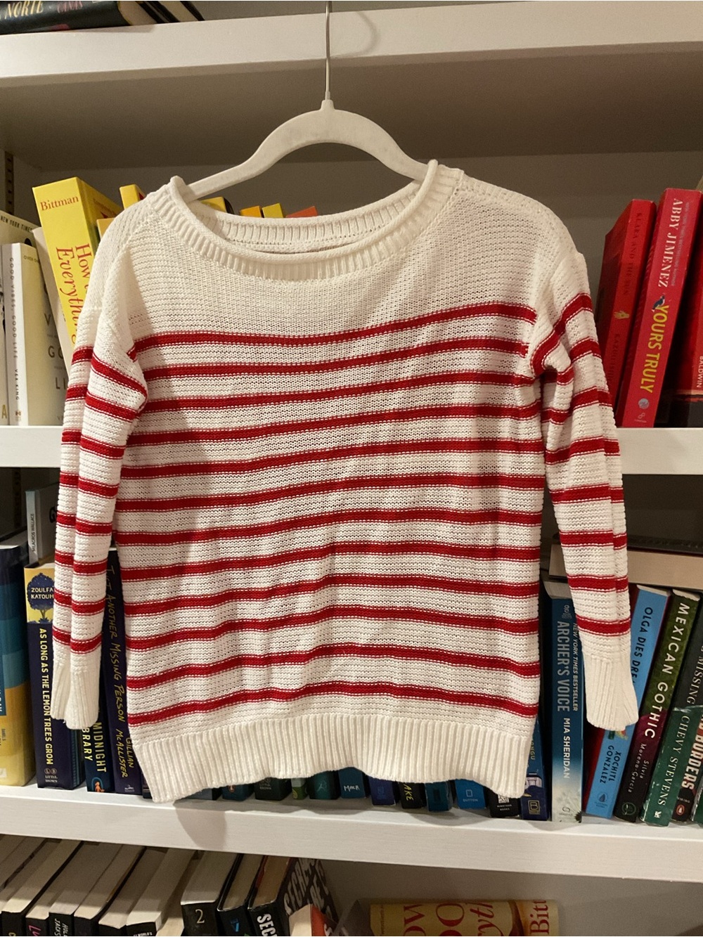 LOFT Cream and Red Striped Crewneck Sweater